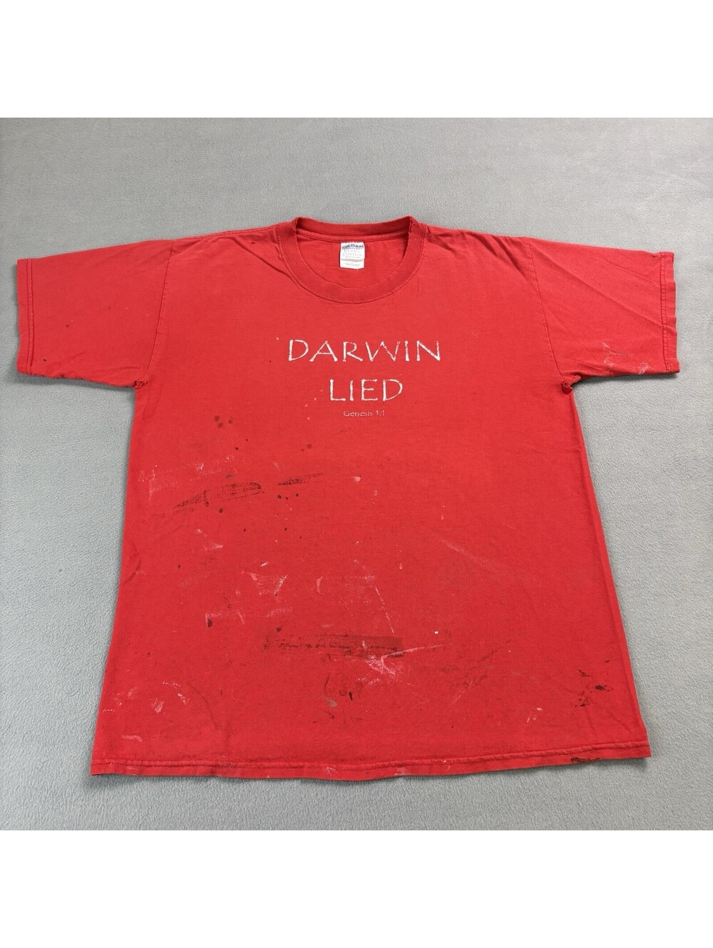 Vintage Darwin Lied Genesis 1:1 Jesus Humor T Shirt Large Red Paint Distressed